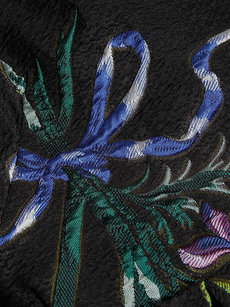 Floral Jacquard Puff-Sleeve A-Line Dress