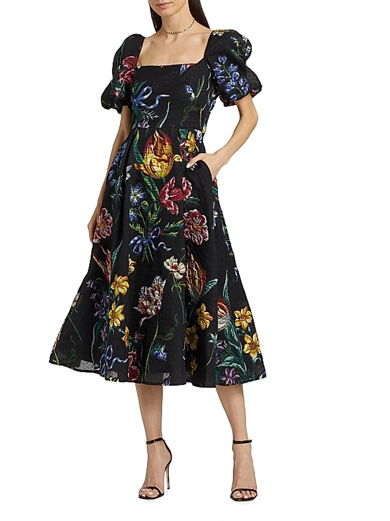 Floral Jacquard Puff-Sleeve A-Line Dress