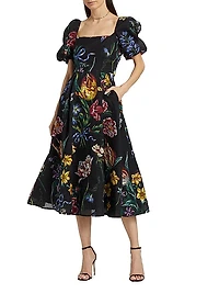 Floral Jacquard Puff-Sleeve A-Line Dress