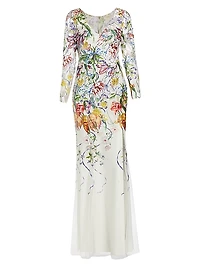 Floral Degradé Embroidered Tulle Fit-&-Flare Gown