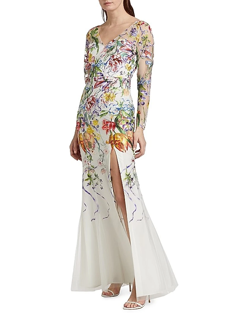 Floral Degradé Embroidered Tulle Fit-&-Flare Gown