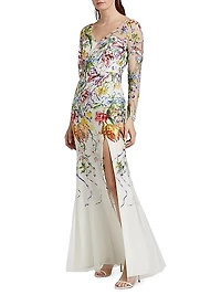 Floral Degradé Embroidered Tulle Fit-&-Flare Gown