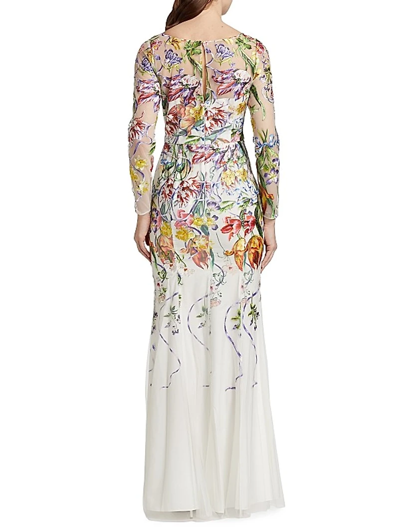 Floral Degradé Embroidered Tulle Fit-&-Flare Gown