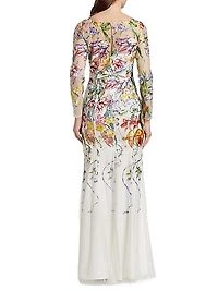 Floral Degradé Embroidered Tulle Fit-&-Flare Gown