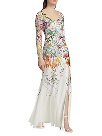 Floral Degradé Embroidered Tulle Fit-&-Flare Gown
