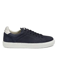 Suede-Trim Low-Top Leather Sneakers