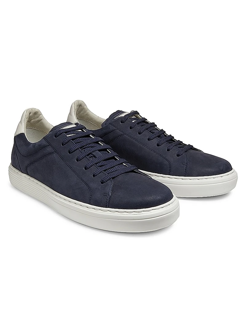 Suede-Trim Low-Top Leather Sneakers