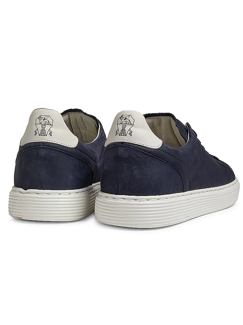 Suede-Trim Low-Top Leather Sneakers