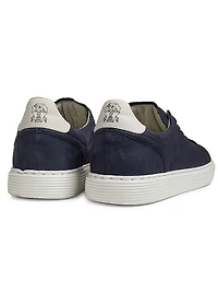Suede-Trim Low-Top Leather Sneakers
