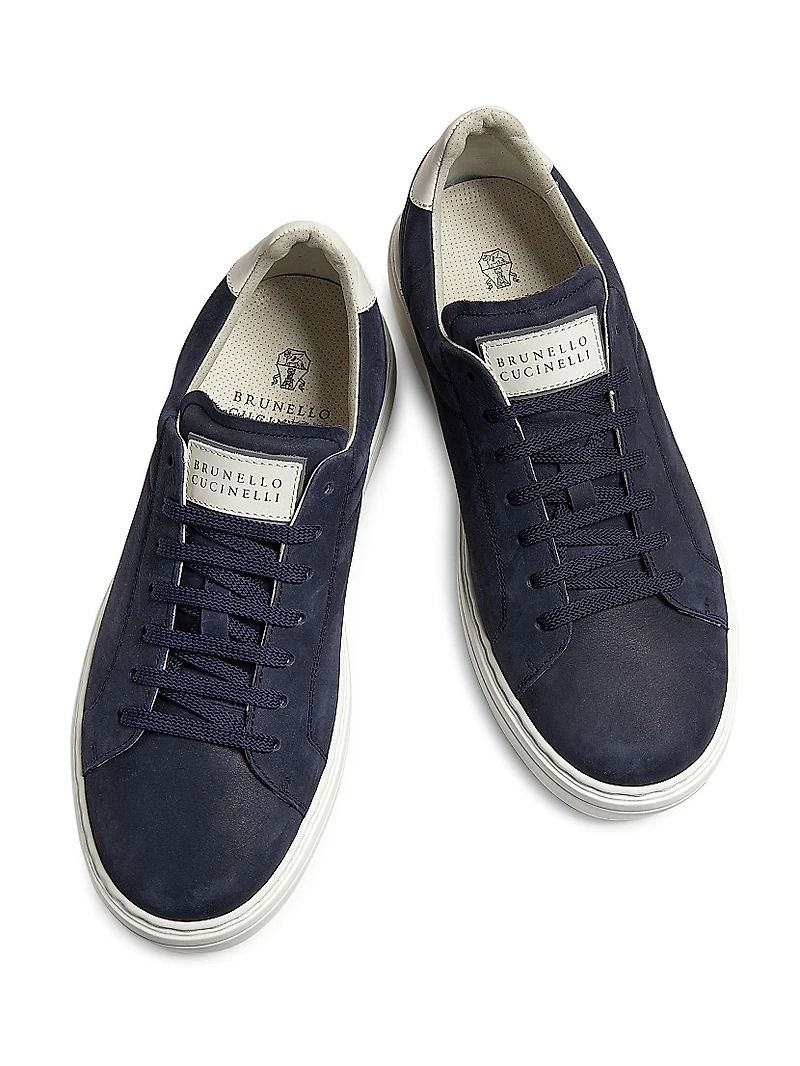 Suede-Trim Low-Top Leather Sneakers