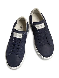 Suede-Trim Low-Top Leather Sneakers