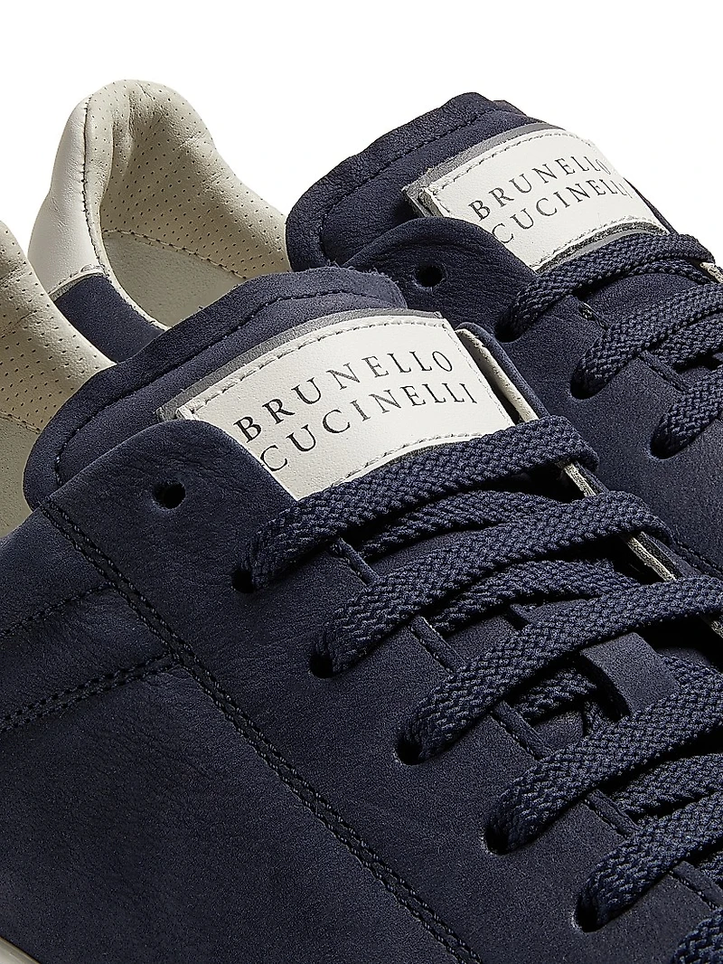 Suede-Trim Low-Top Leather Sneakers