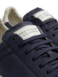 Suede-Trim Low-Top Leather Sneakers