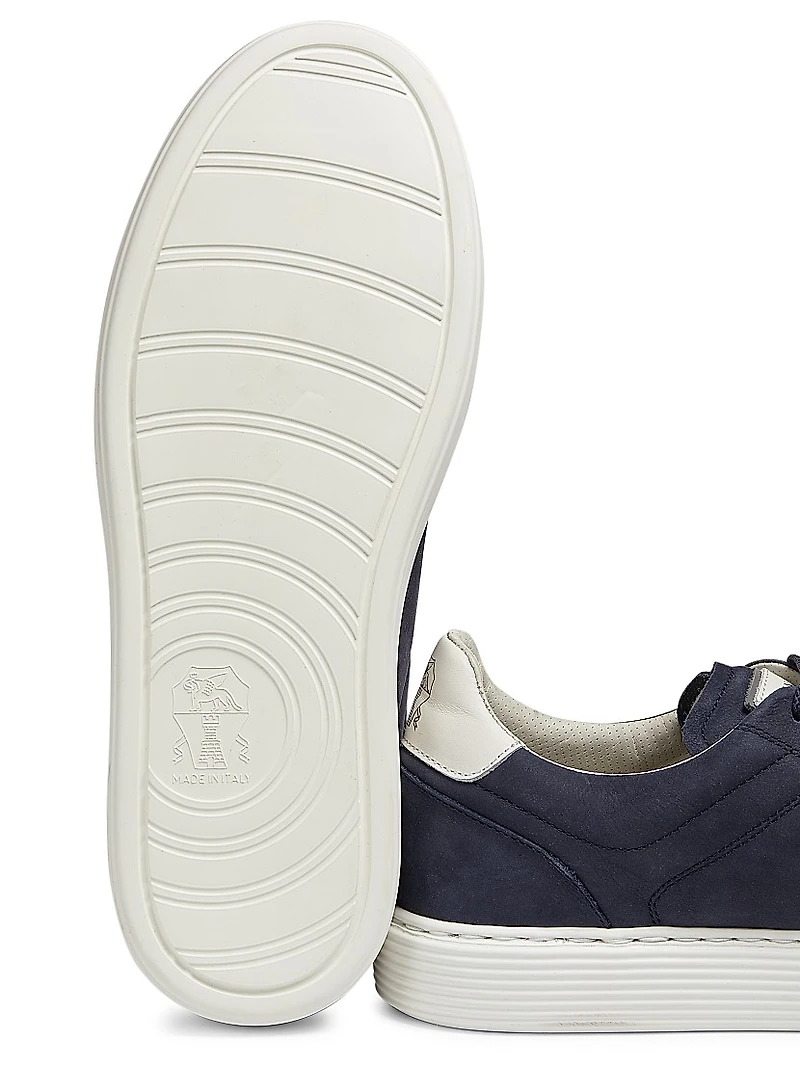 Suede-Trim Low-Top Leather Sneakers