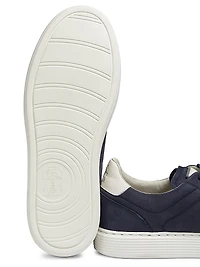 Suede-Trim Low-Top Leather Sneakers