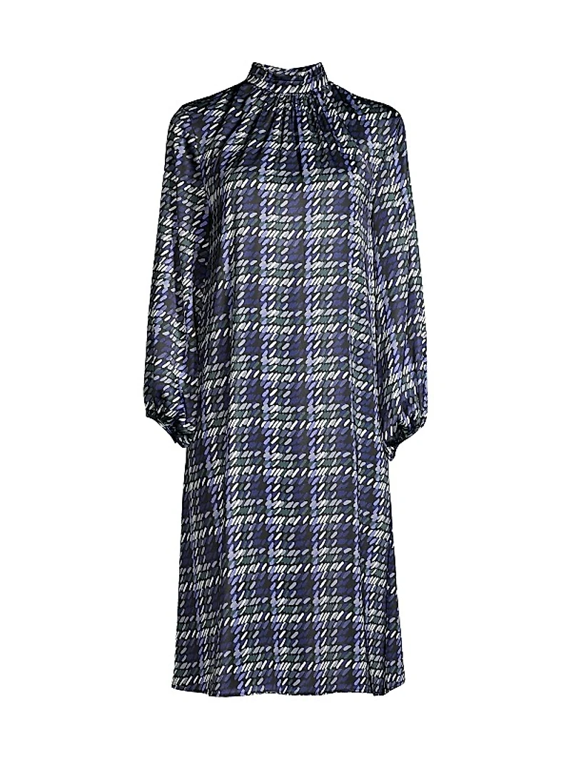 Plaid Crepe De Chine A-Line Midi-Dress