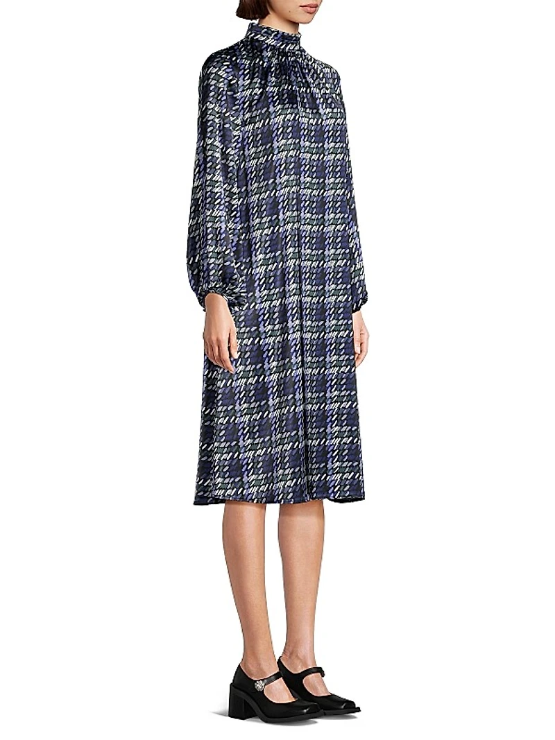 Plaid Crepe De Chine A-Line Midi-Dress