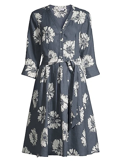 Floral Linen Belted Midi-Dress