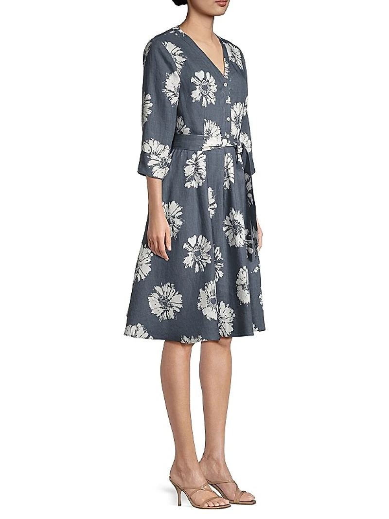 Floral Linen Belted Midi-Dress