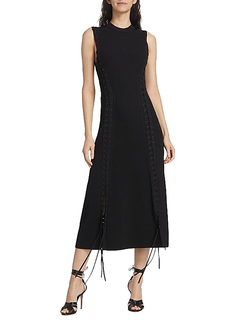 Lorena Lace-Up Ribbed Midi-Dress