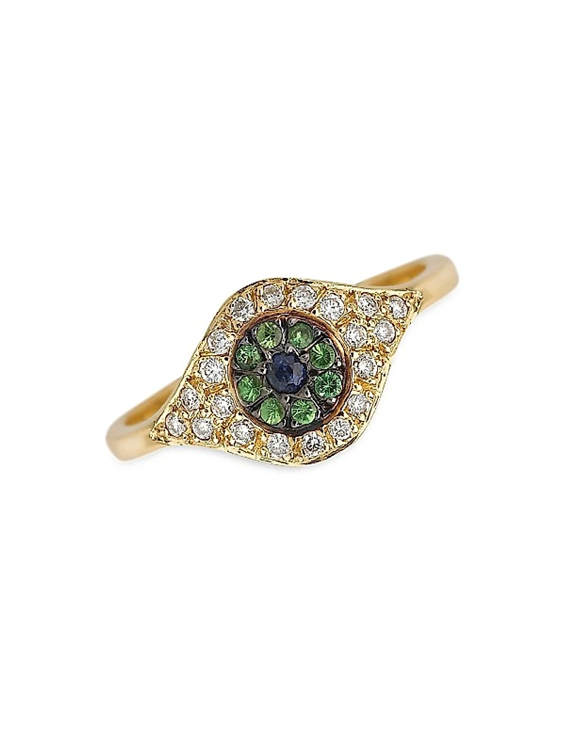 Evil Eye 18K Yellow Gold, Diamond, Tsavorite & Sapphire Cats Eye Ring