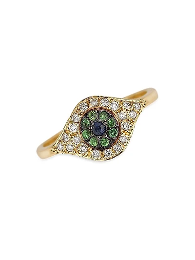 Evil Eye 18K Yellow Gold, Diamond, Tsavorite & Sapphire Cats Eye Ring