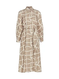Printed Silk Collared Belted Shirtdress