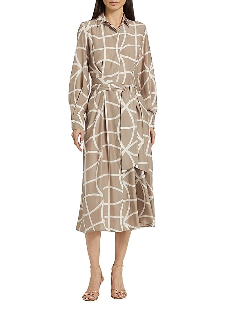 Printed Silk Collared Belted Shirtdress