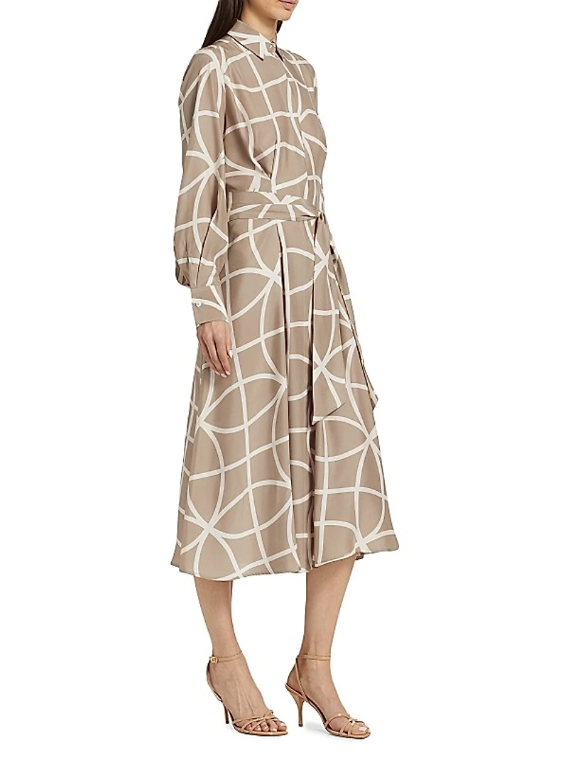 Printed Silk Collared Belted Shirtdress