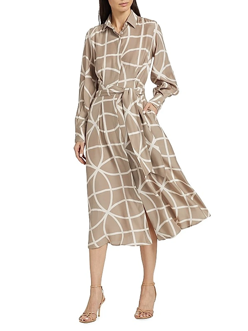 Printed Silk Collared Belted Shirtdress