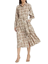 Printed Silk Collared Belted Shirtdress