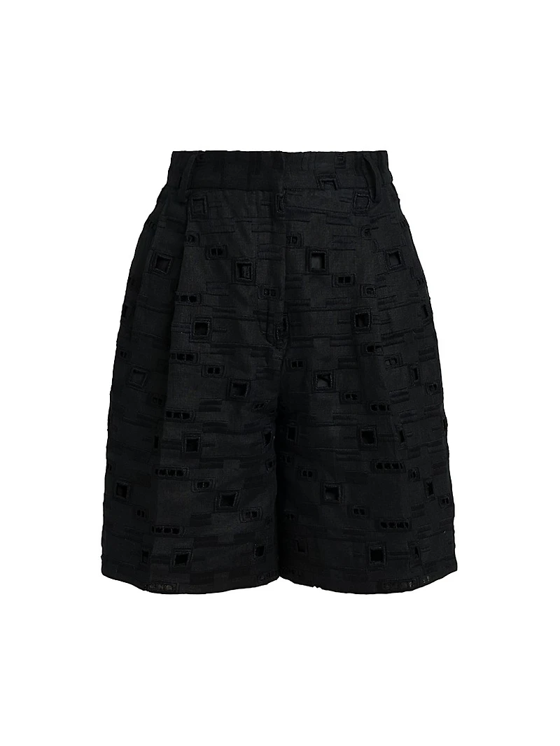 Wide-Leg Linen Eyelet Shorts