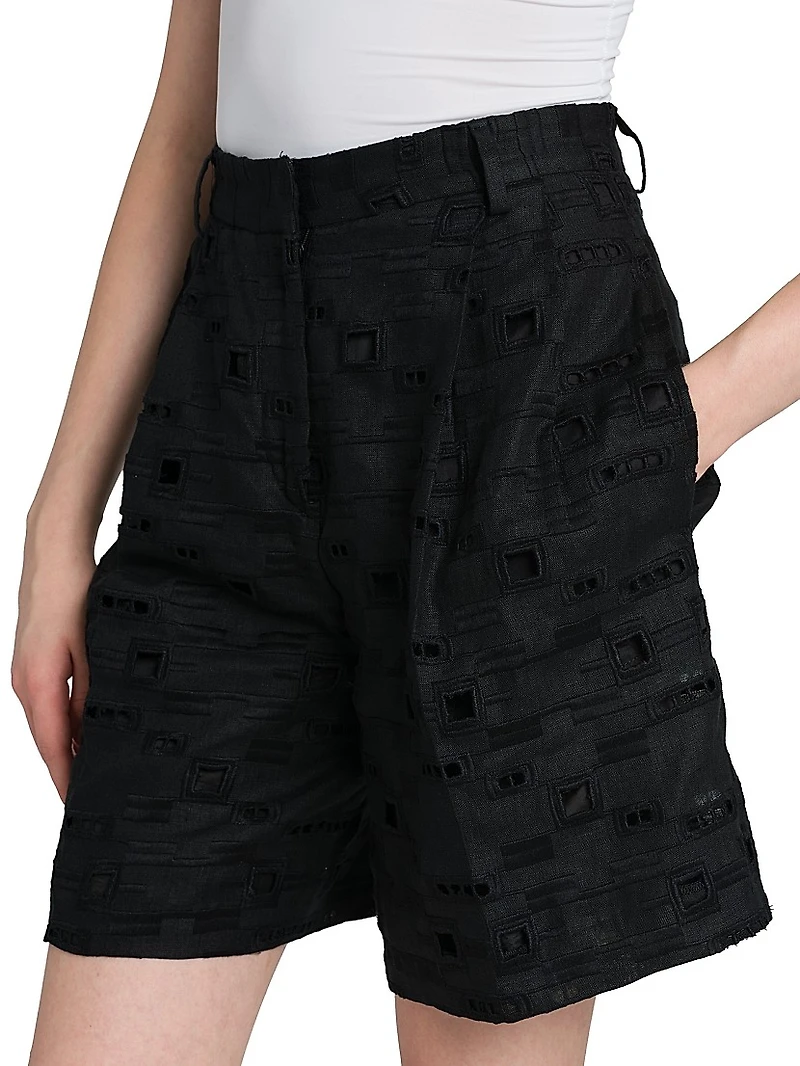 Wide-Leg Linen Eyelet Shorts