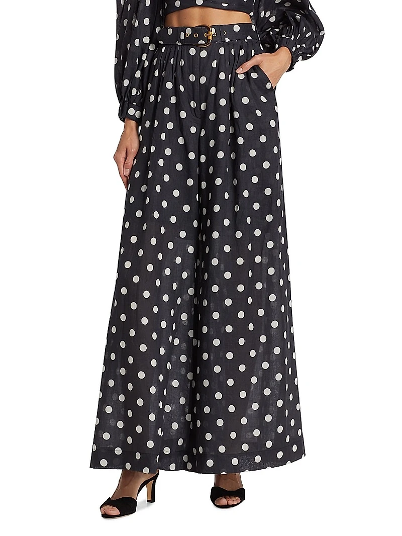Tuck Belted Polka Dot Wide-Leg Pant