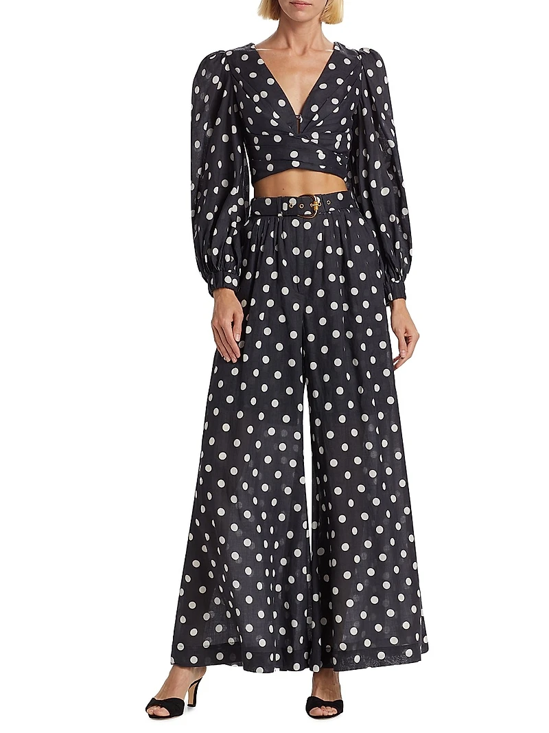 Tuck Belted Polka Dot Wide-Leg Pant