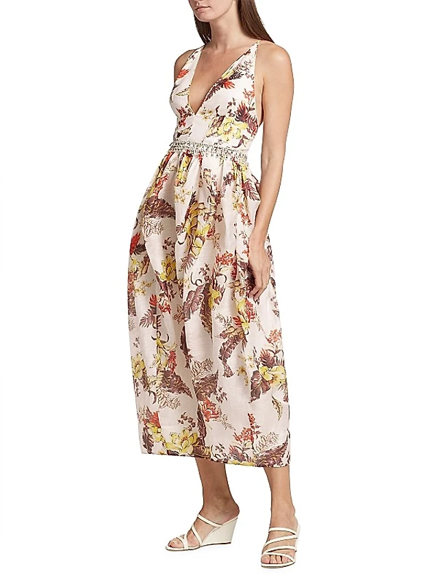 Lovaan Val Sleeveless Ruched Linen-Silk Midi Dress | The Summit Lovaan Val Sleeveless Ruched Linen-Silk Midi Dress | The Summit