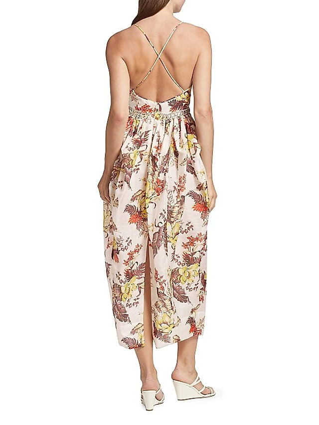 Lovaan Val Sleeveless Ruched Linen-Silk Midi Dress | The Summit