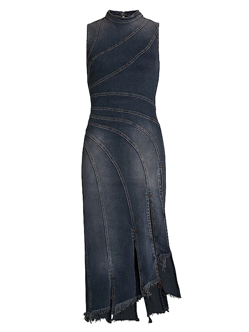 Sorriso Denim Sleeveless Frayed Midi-Dress