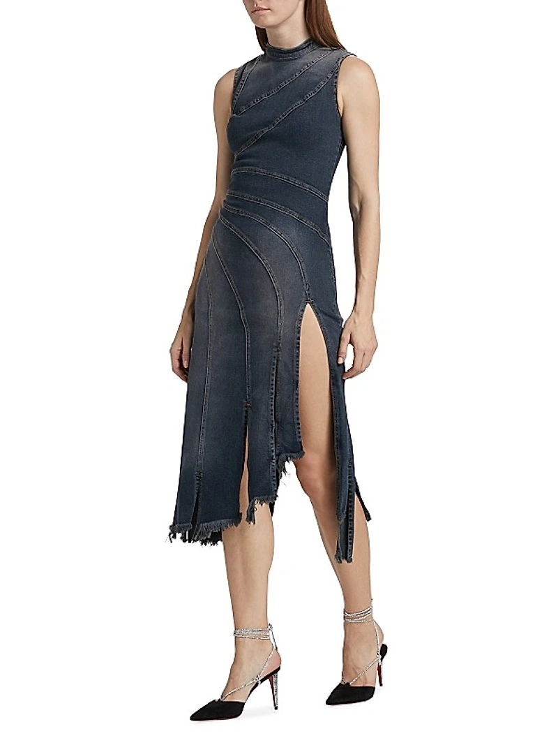 Sorriso Denim Sleeveless Frayed Midi-Dress
