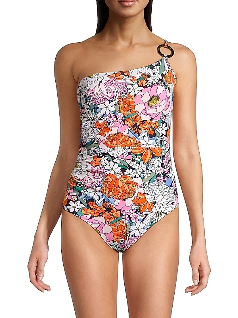 Kara Floral One-Shoulder Ring One-Piece Swimsuit