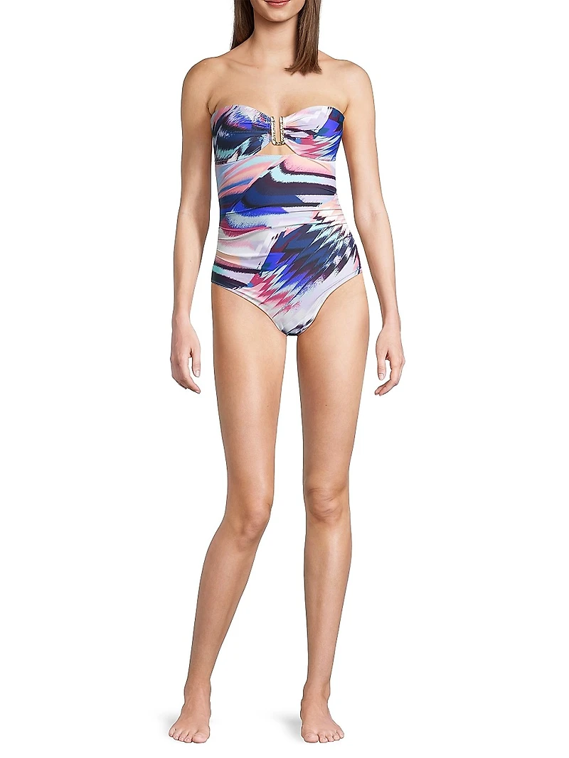 Lisa Ruched Abstract Bandeau One-Piece Swimsuit