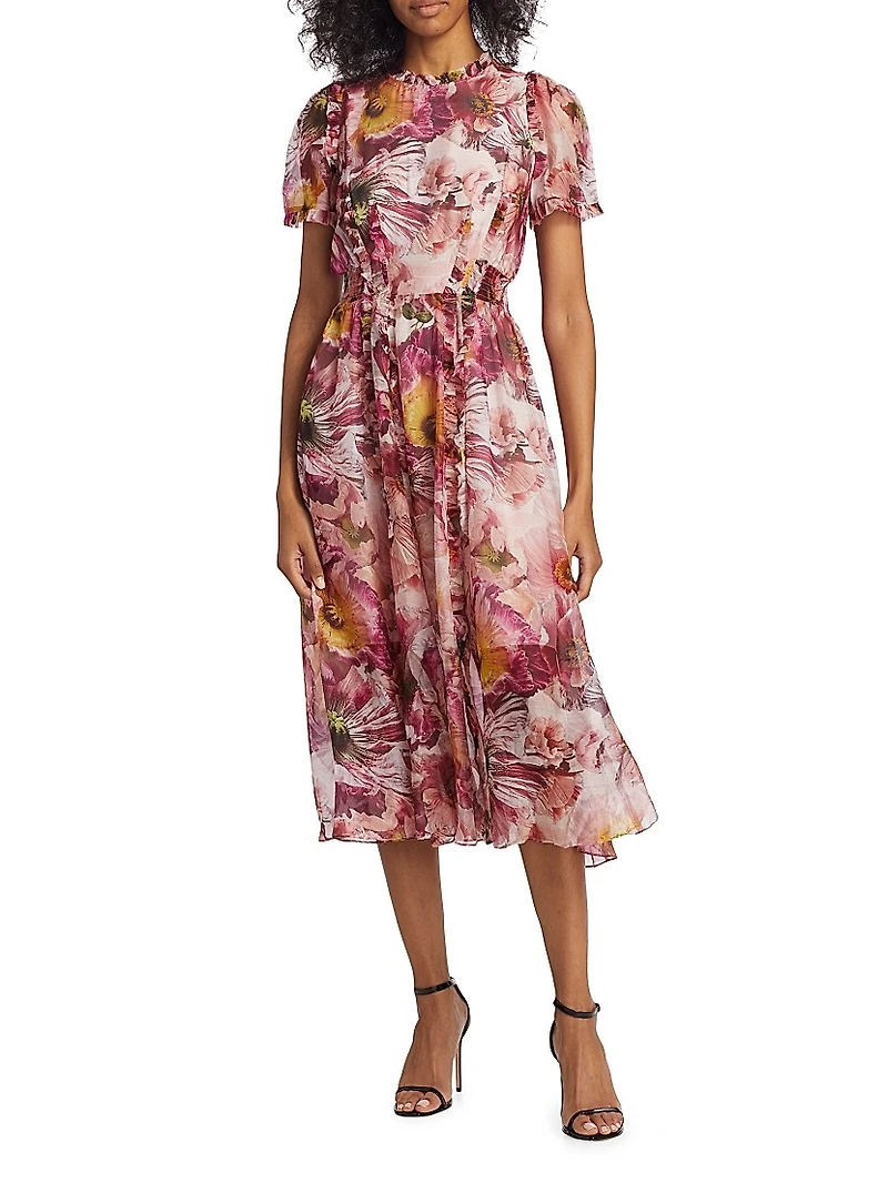Marchesa Rosa Sedum Floral Chiffon Midi-Dress