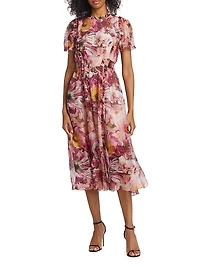 Marchesa Rosa Sedum Floral Chiffon Midi-Dress