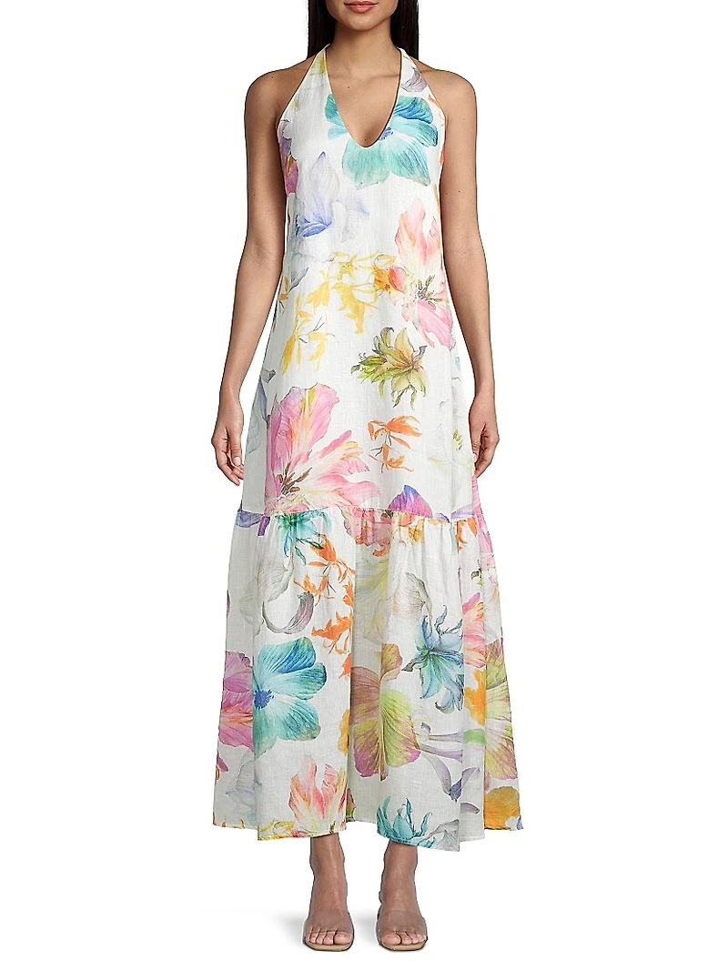 Linen Floral Halter Maxi Dress
