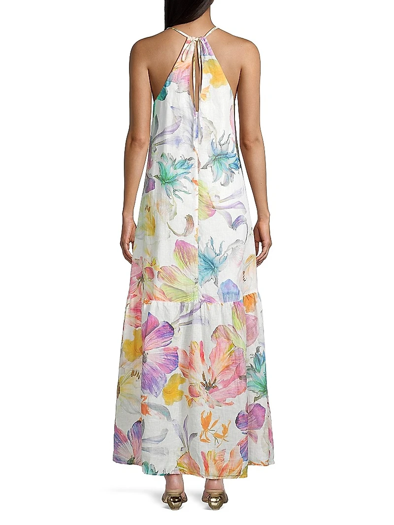 Linen Floral Halter Maxi Dress