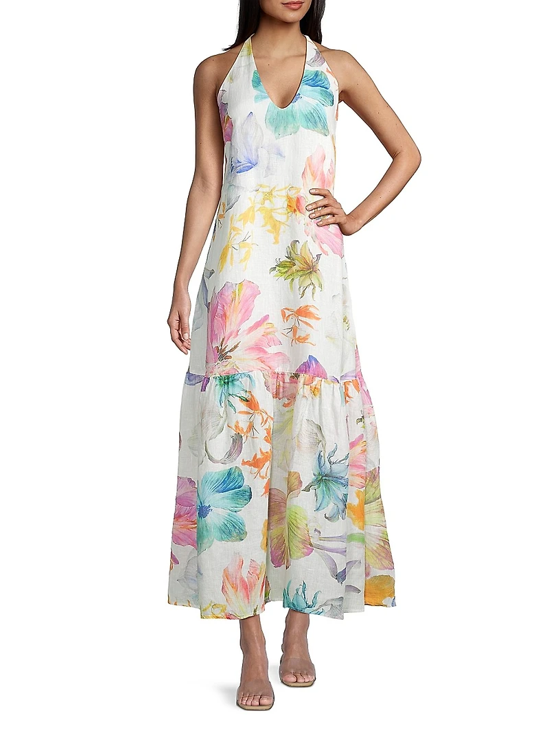 Linen Floral Halter Maxi Dress