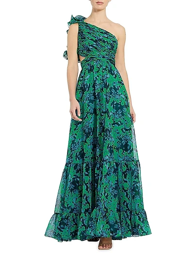 Floral One-Shoulder Cut-Out Gown
