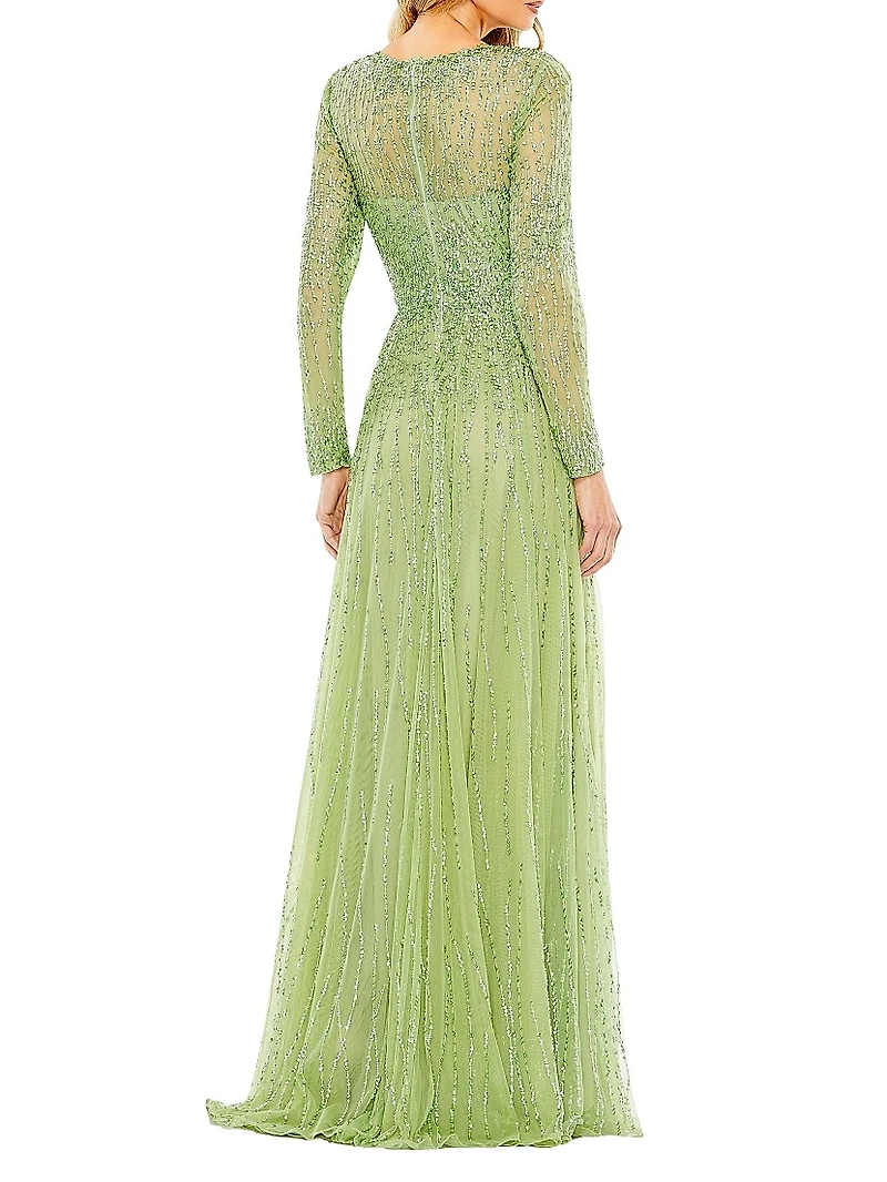 Sequined Long-Sleeve Illusion Gown