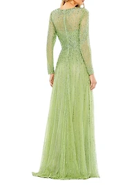 Sequined Long-Sleeve Illusion Gown