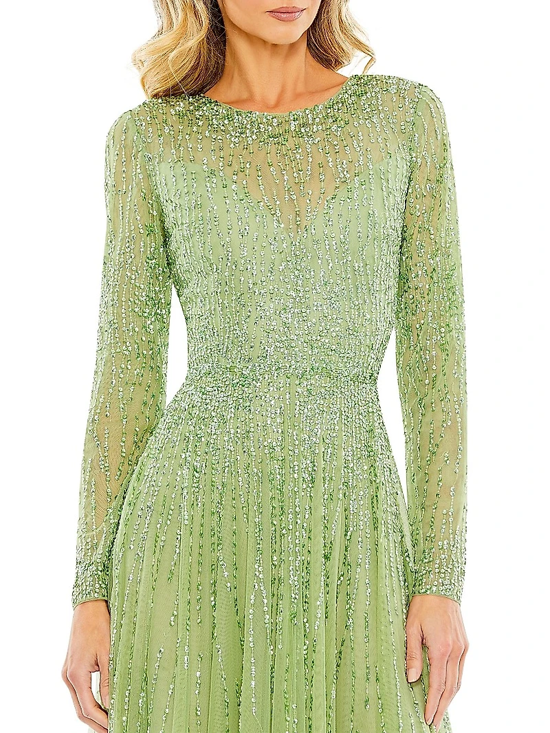 Sequined Long-Sleeve Illusion Gown